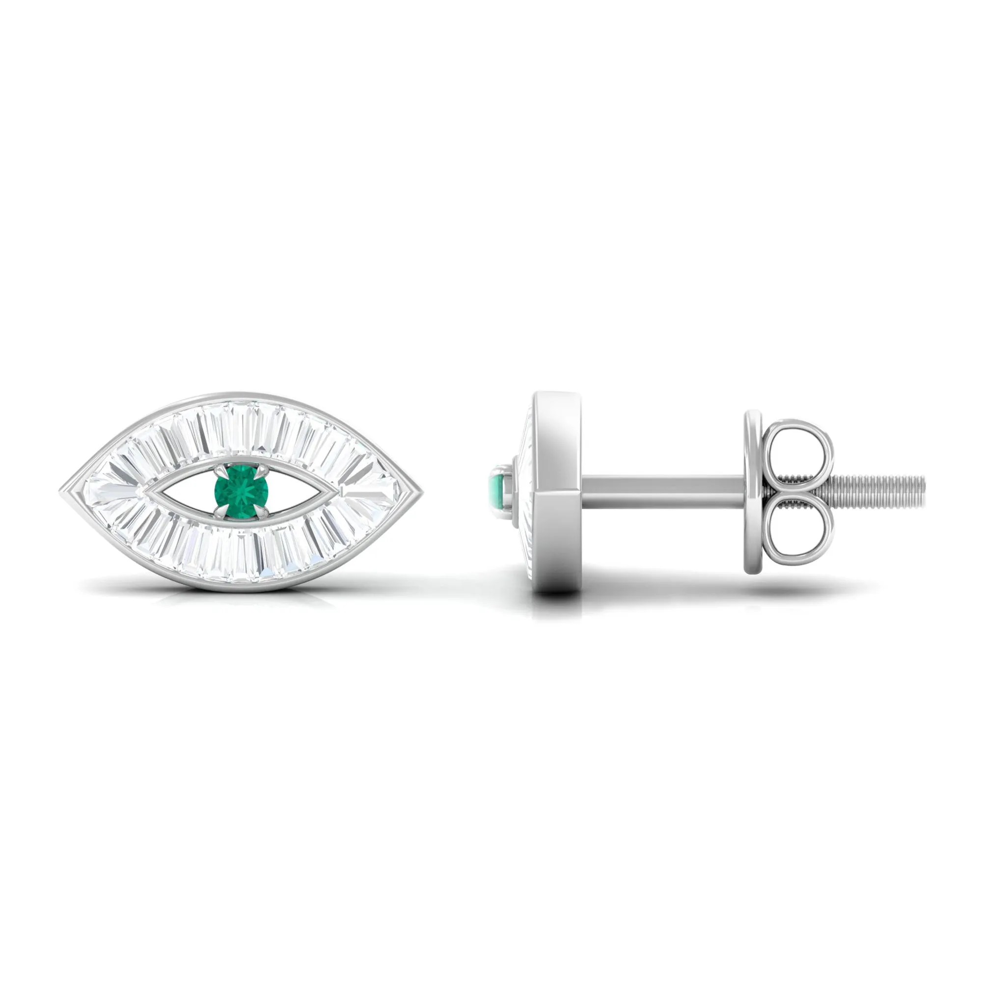 1/2 CT Emerald and Diamond Evil Eye Stud Earrings