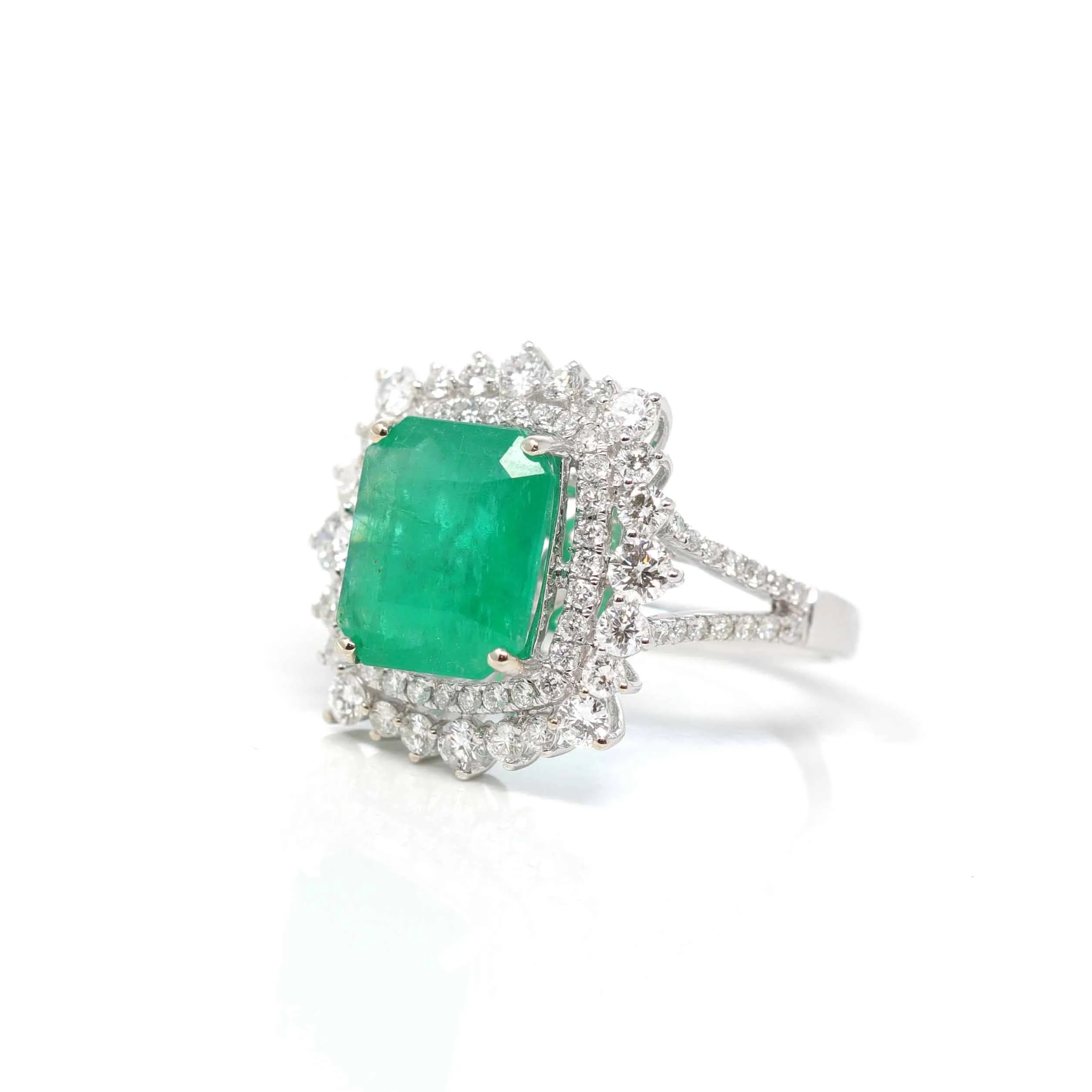 14k White Gold Natural Emerald Ring with Diamonds