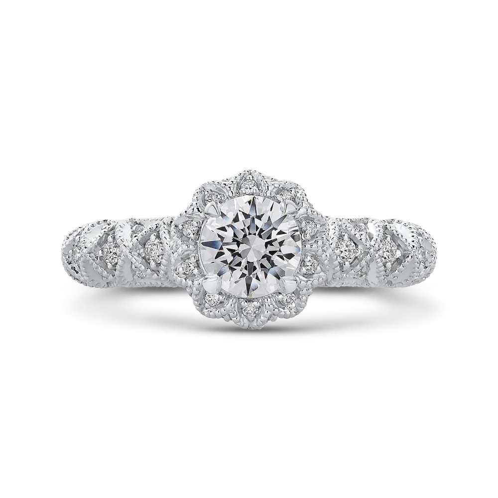 14K White Gold Round Diamond Floral Halo Engagement Ring
