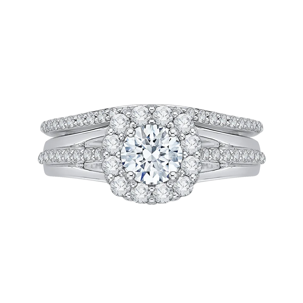 14K White Gold Round Diamond Halo Engagement Ring Set with Split Shank