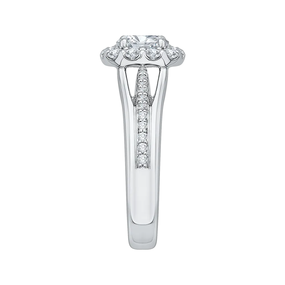 14K White Gold Round Diamond Halo Engagement Ring Set with Split Shank