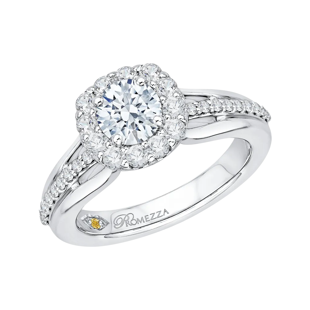 14K White Gold Round Diamond Halo Engagement Ring Set with Split Shank