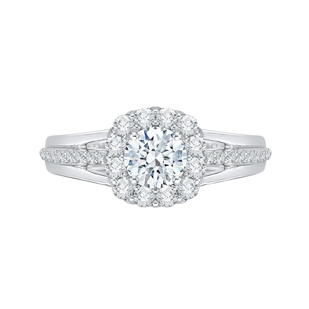 14K White Gold Round Diamond Halo Engagement Ring Set with Split Shank