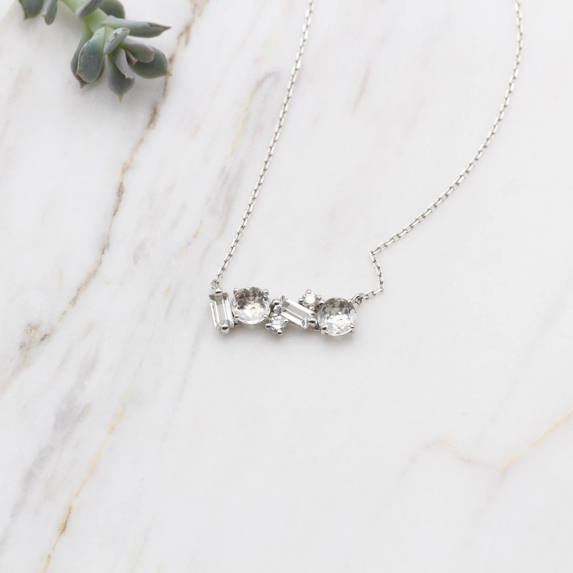 14k White Gold White Topaz Mix Cut Bar Necklace