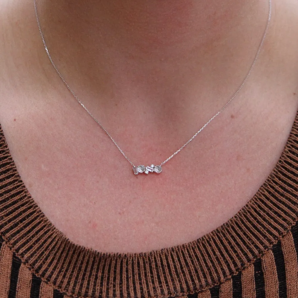 14k White Gold White Topaz Mix Cut Bar Necklace