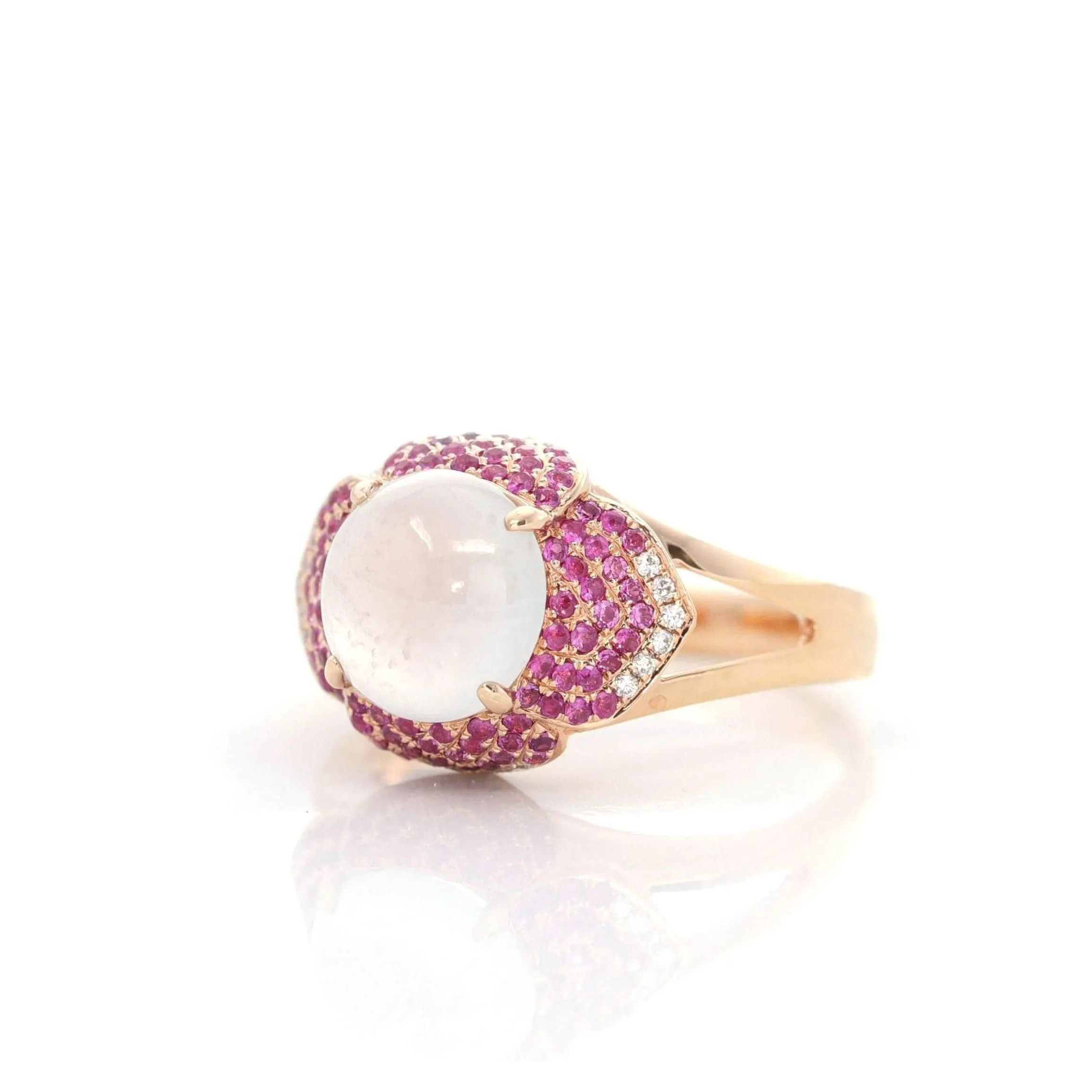 18k Rose Gold Natural Ice Jadeite Engagement Ring With Diamonds and Ruby