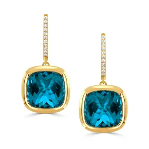 18K YELLOW GOLD DIAMOND EARRING WITH LONDON BLUE TOPAZ CENTER
