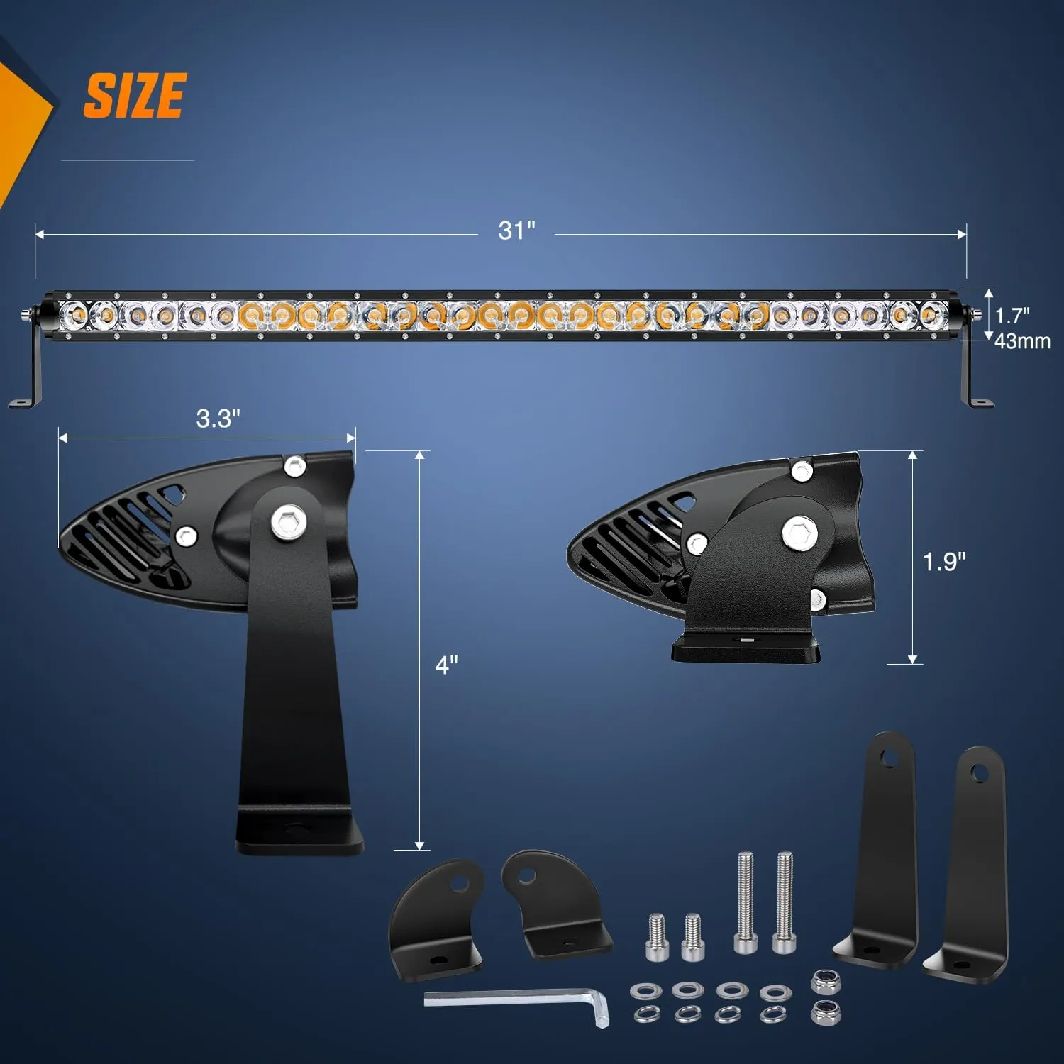 31 Inch 150W 9300LM Amber Slim Spot Flood Led Light Bar | 2 Style Mounts