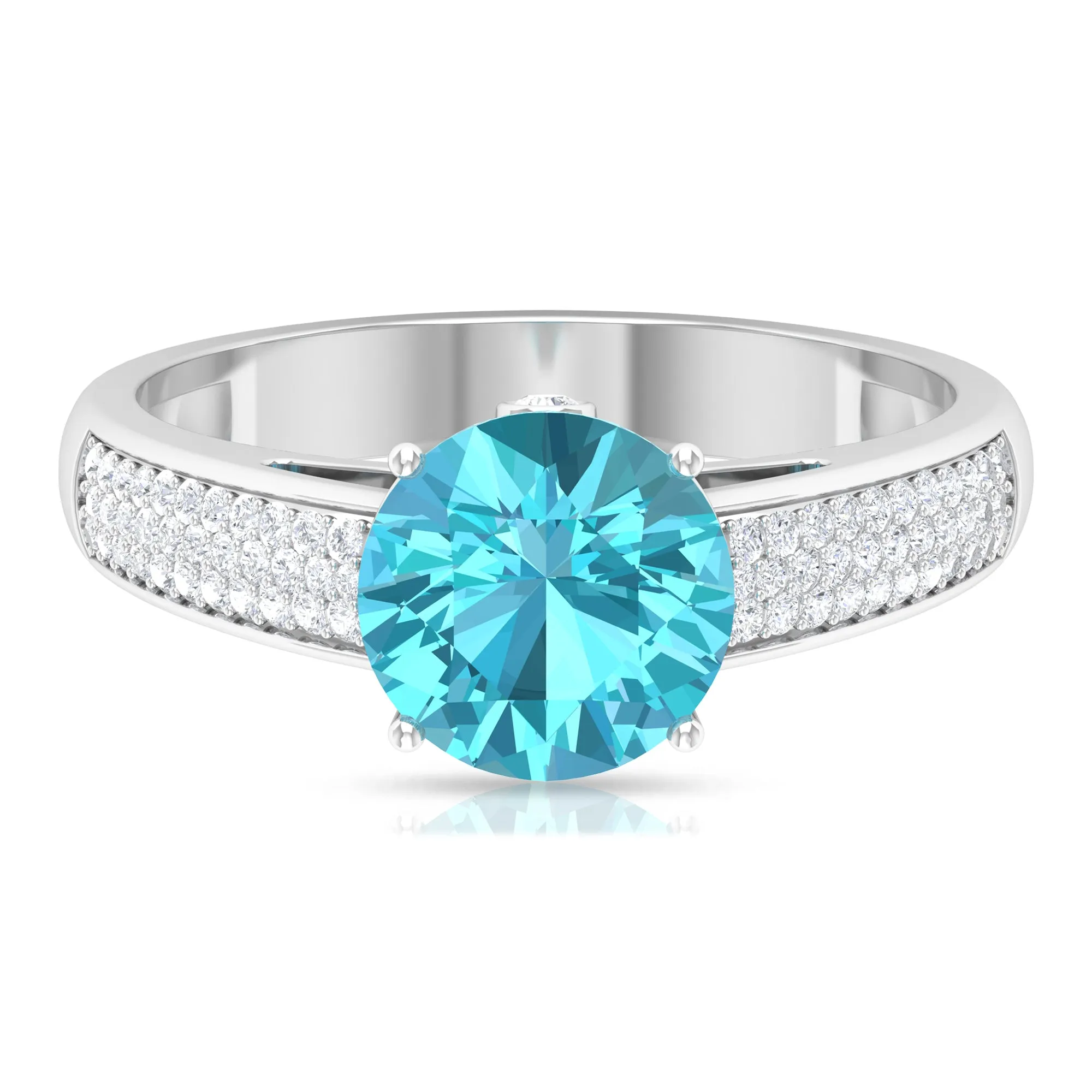 8 MM Round Shape Swiss Blue Topaz Solitaire Ring with Diamond