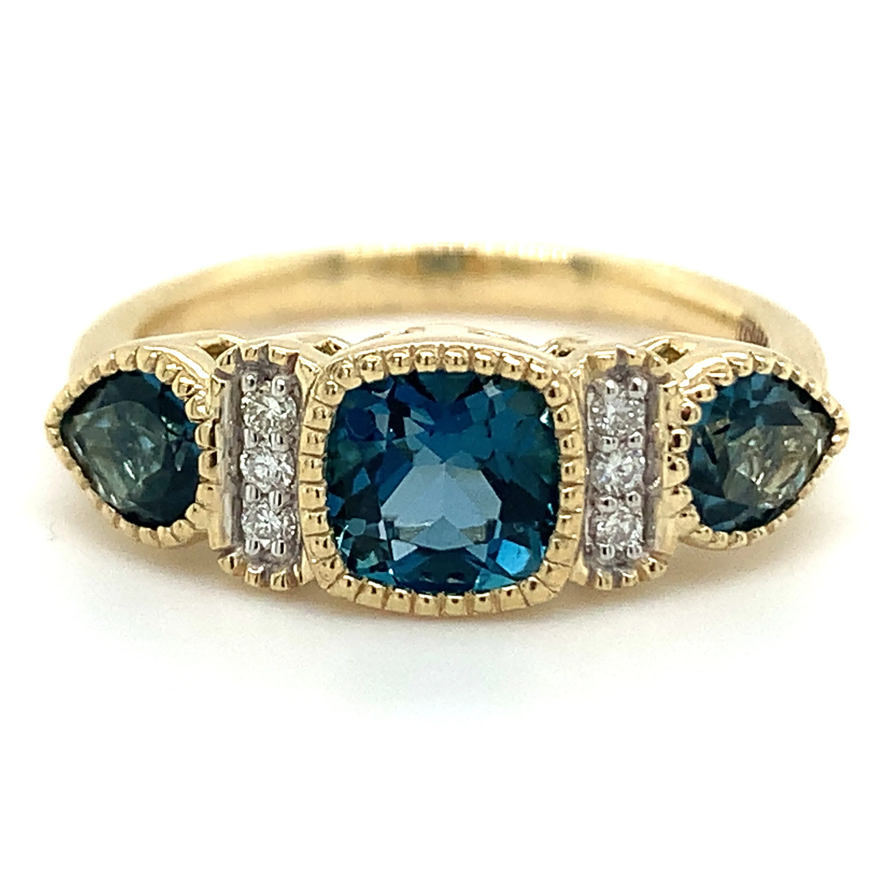 9ct Yellow Gold Earth Grown Cushion & Pear Cut 1.685ct London Blue Topaz Ring