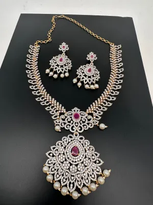 AD Diamond Finish Color Stone Floral Design Short Necklace