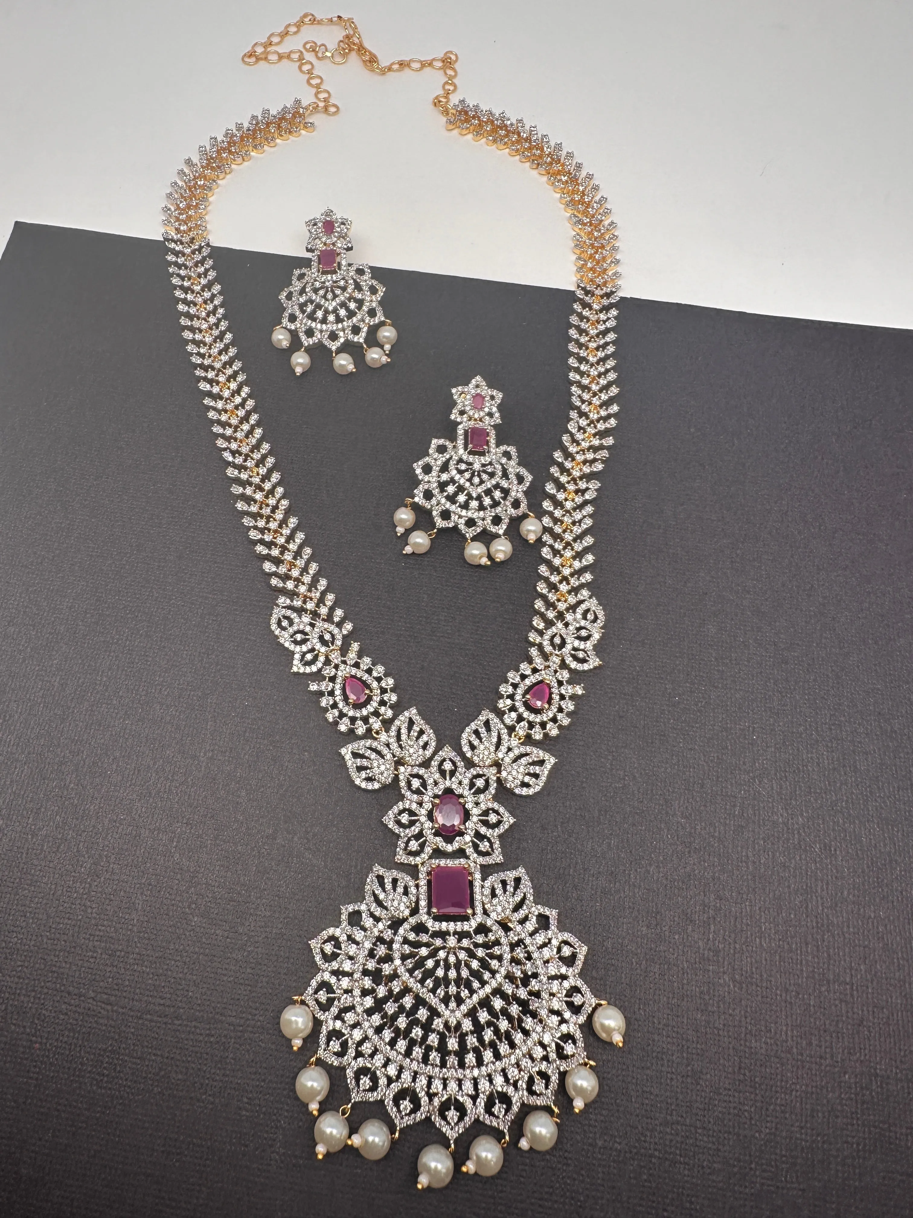 AD Diamond Finish Color Stone Long Necklace
