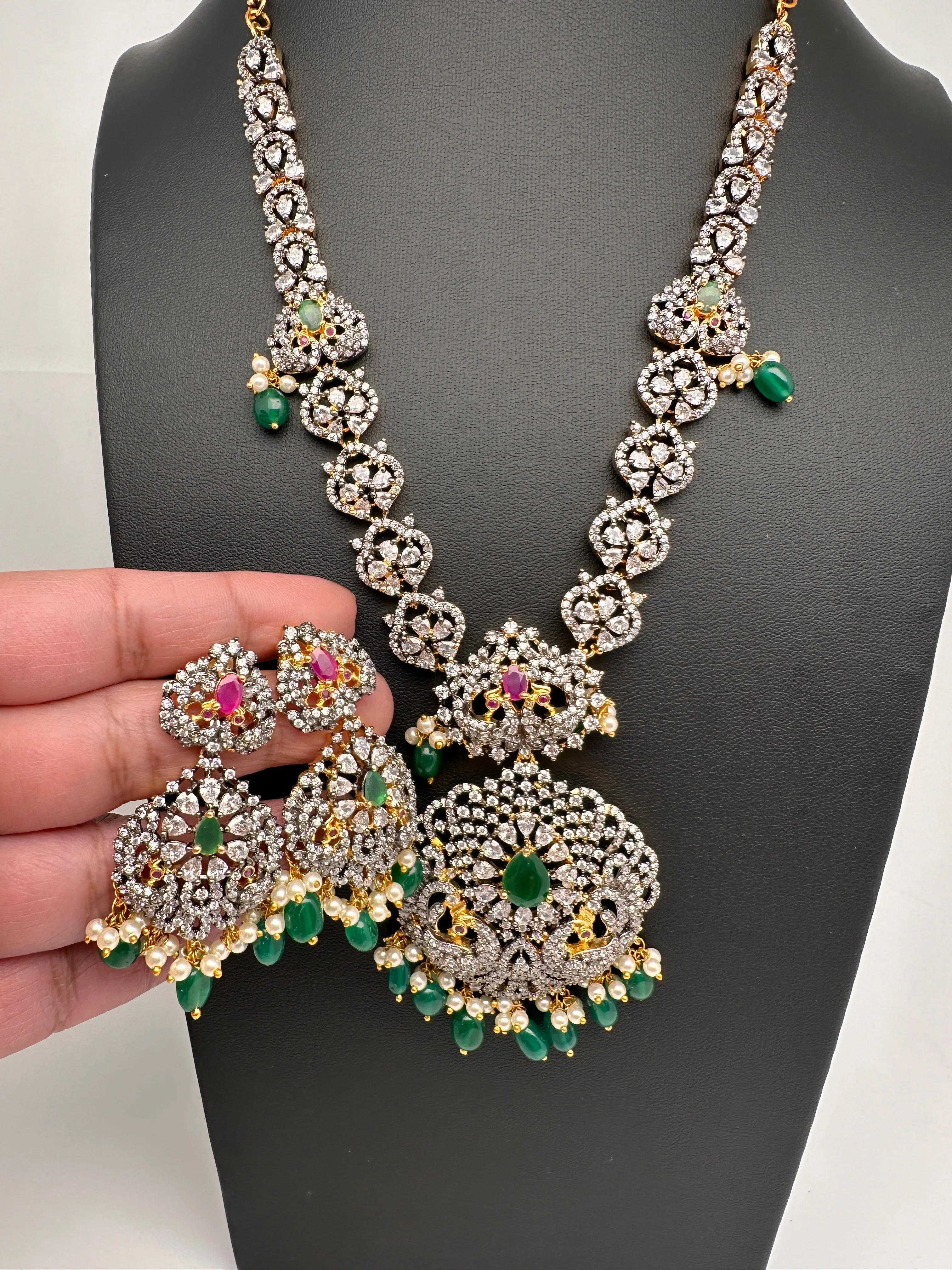 AD Multi Stone Peacock Pattern Victorian Dual Tone Polish Short Necklace