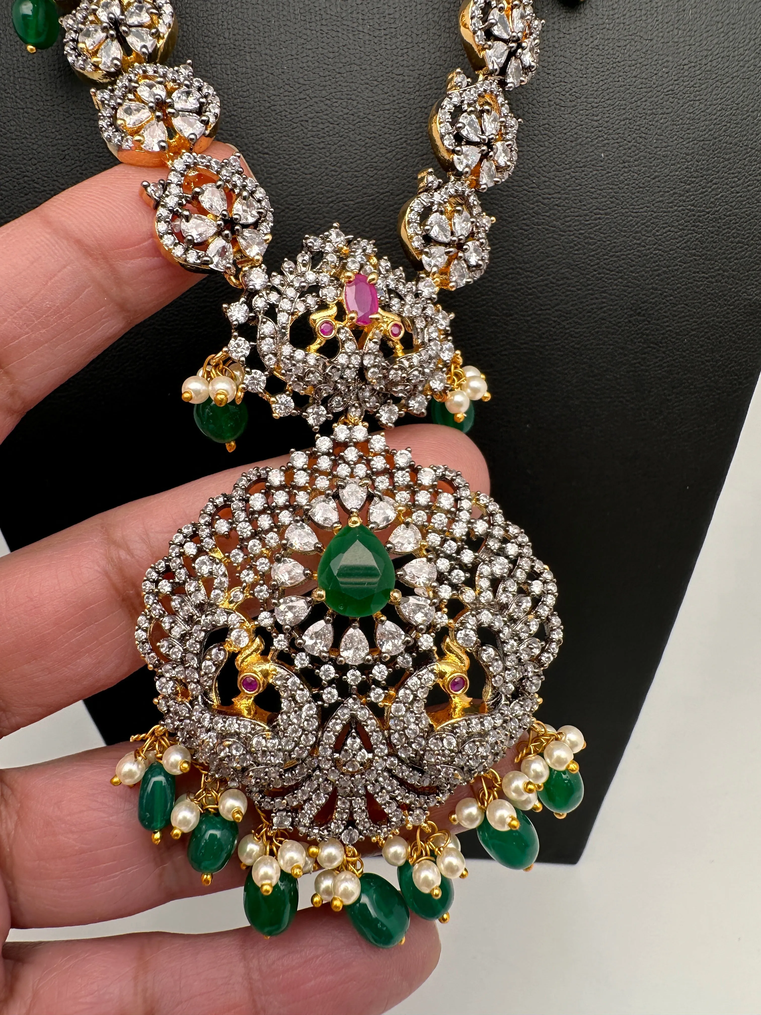 AD Multi Stone Peacock Pattern Victorian Dual Tone Polish Short Necklace