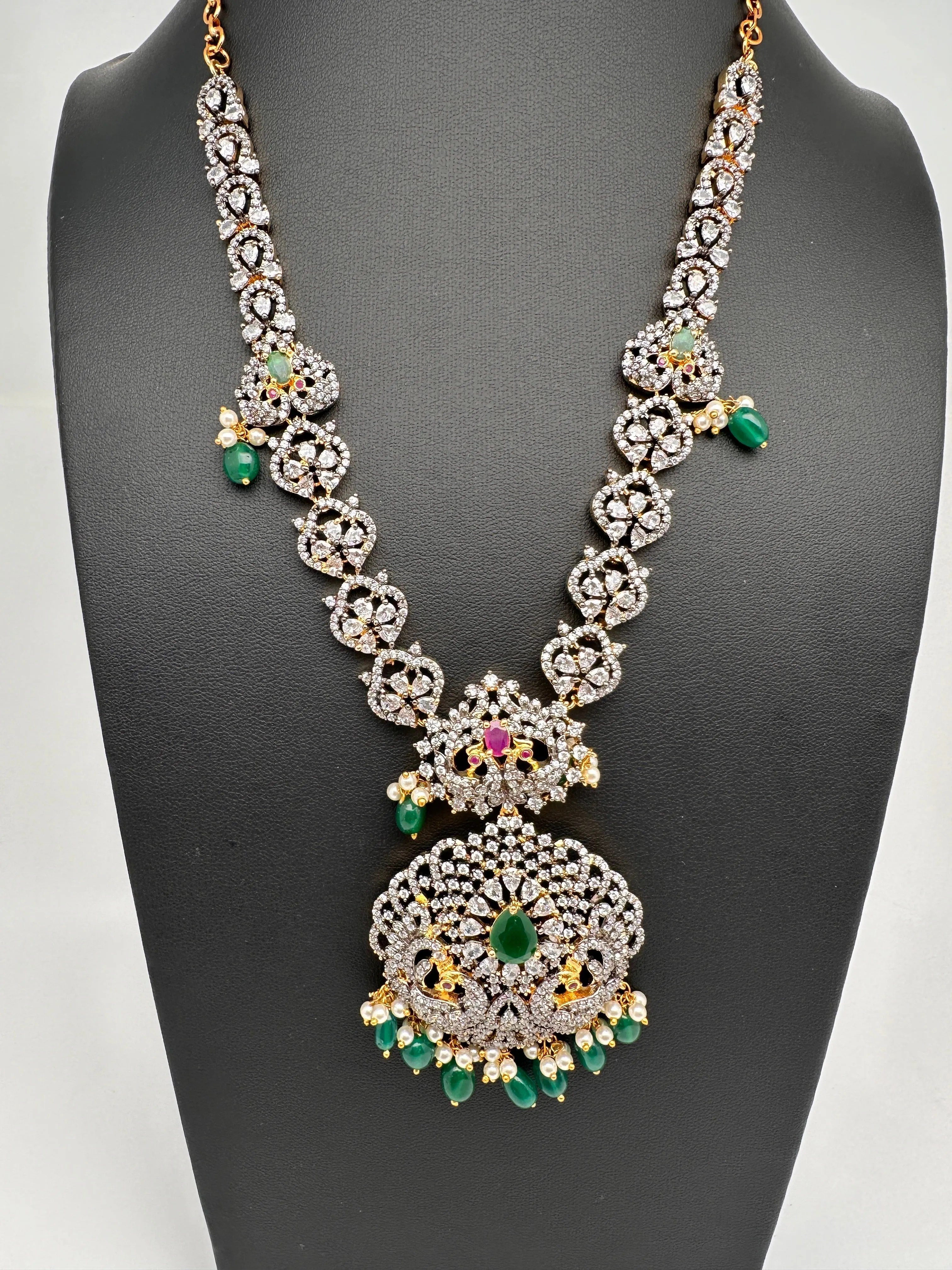 AD Multi Stone Peacock Pattern Victorian Dual Tone Polish Short Necklace