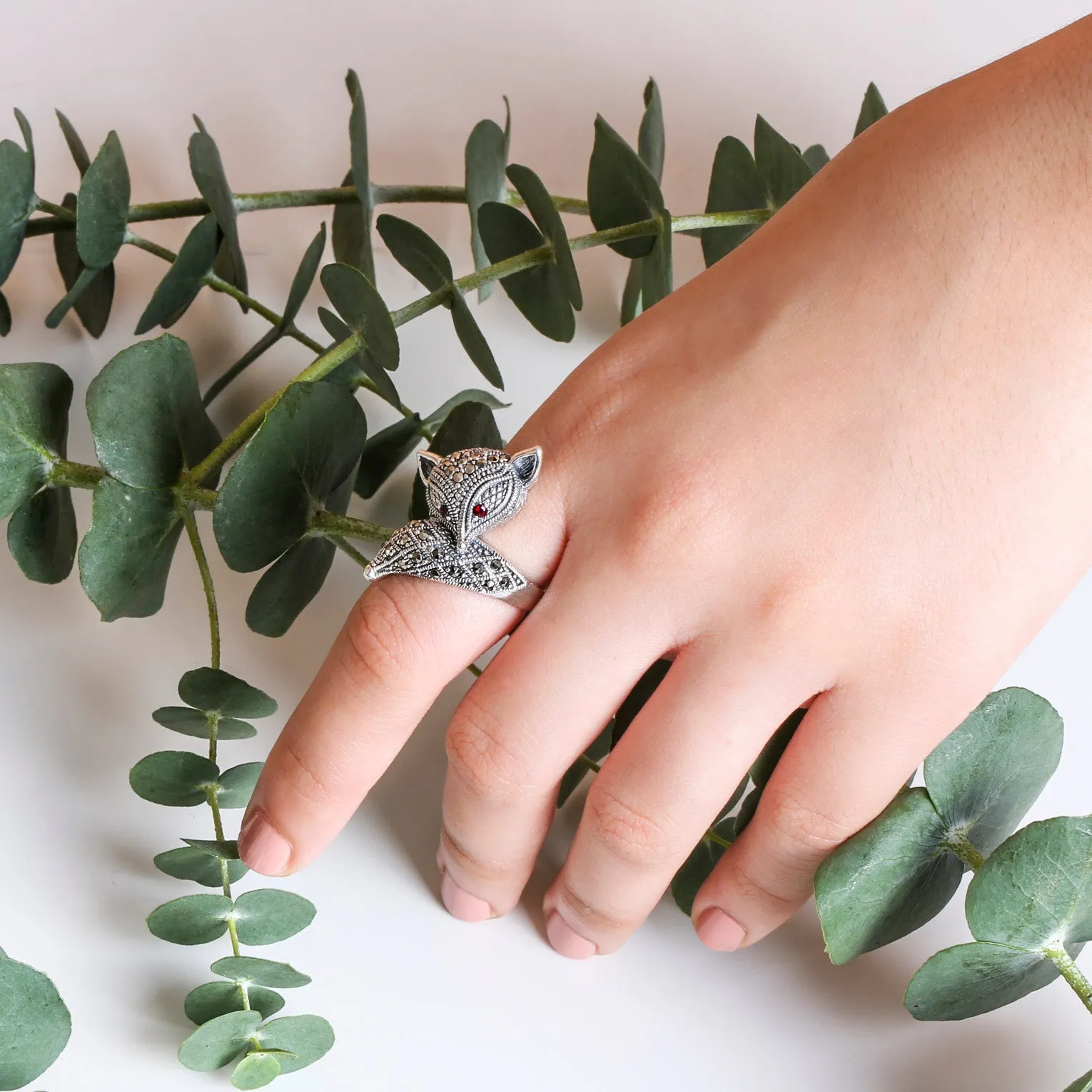 Art Deco Fox Ring Silver Marcasite
