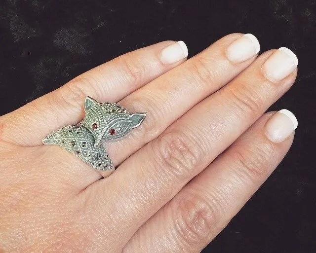 Art Deco Fox Ring Silver Marcasite