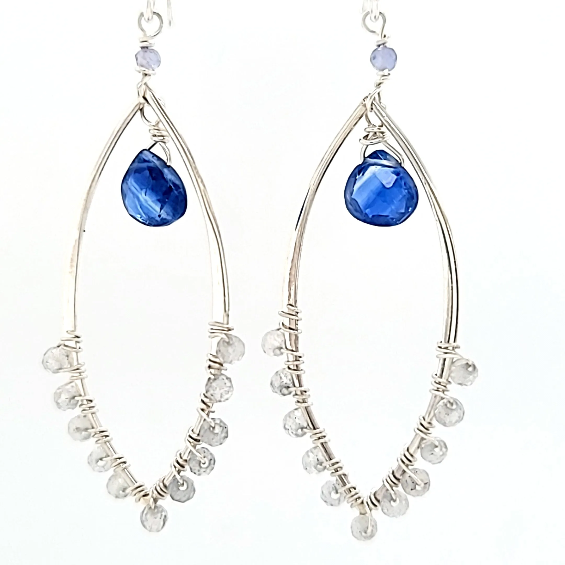 AVF Silver Beaded Labradorite, Kyanite Drop & Tanzanite Accent Marquise Shaped Dangle Earrings (SI3768)