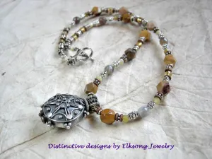 Butterscotch Beaded Necklace, Gemstone Beads, Vintage Bali Silver