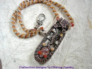 Canyon Oak Wire Tree Art Necklace, Woven Seed Bead & Faceted Carnelian
