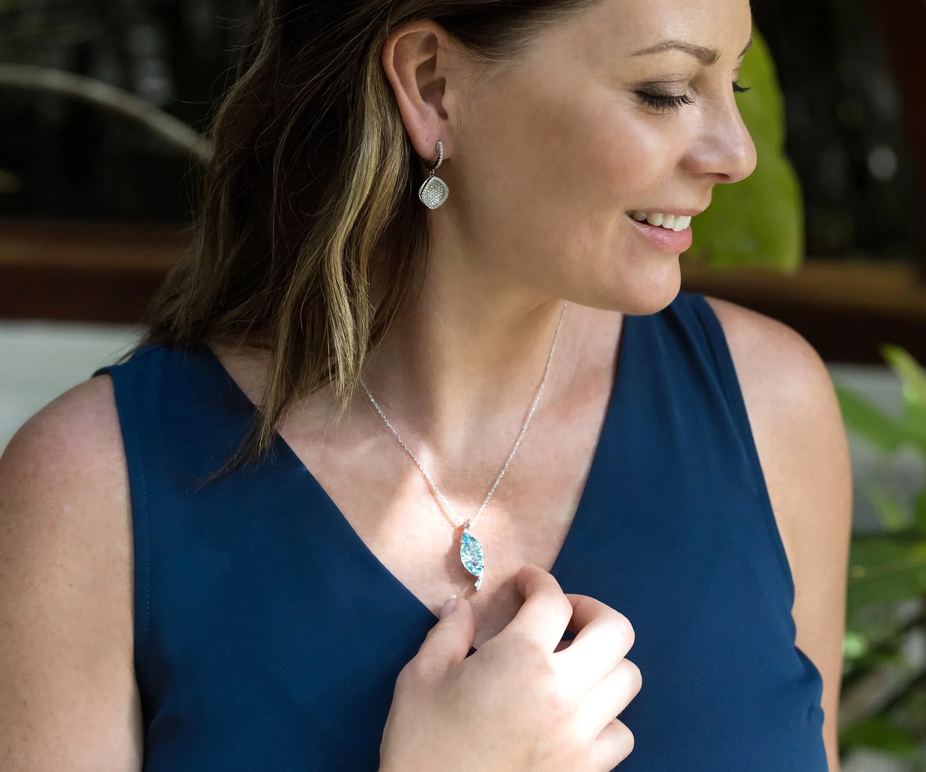 Curved Marquise Blue Topaz Necklace