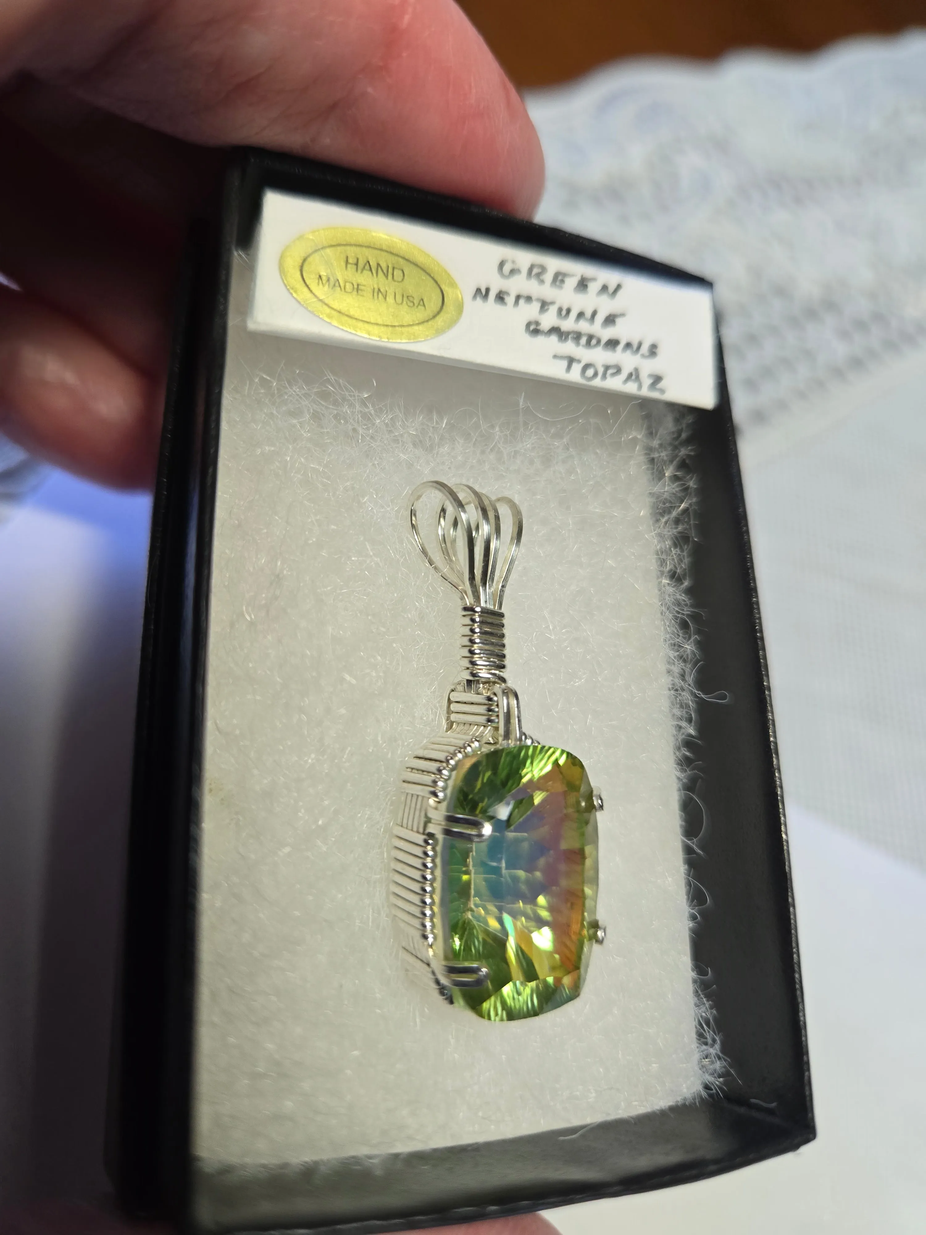 Custom Wire Wrapped Faceted Green Neptune Gardens Topaz 13.8 cts. Necklace/Pendant Sterling Silver