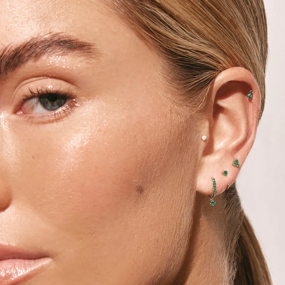 Emerald Twin Cluster Helix Single Stud Earring in 10k Gold