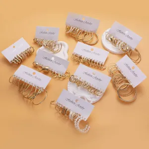 Gold Color Vintage Geometry Pearl Earrings Set Metal Twine Square Dangle Earrings Round for Women Simple Trendy Party Jewelry