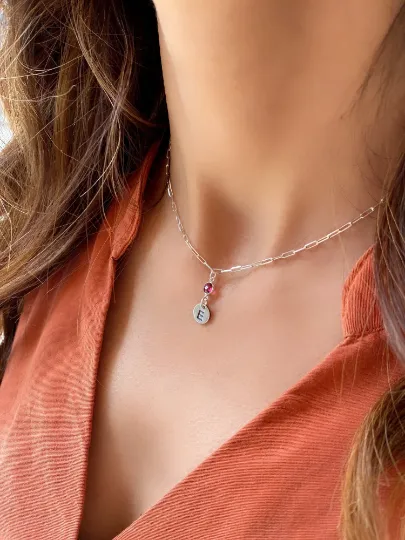 Initial Necklace with Birthstone