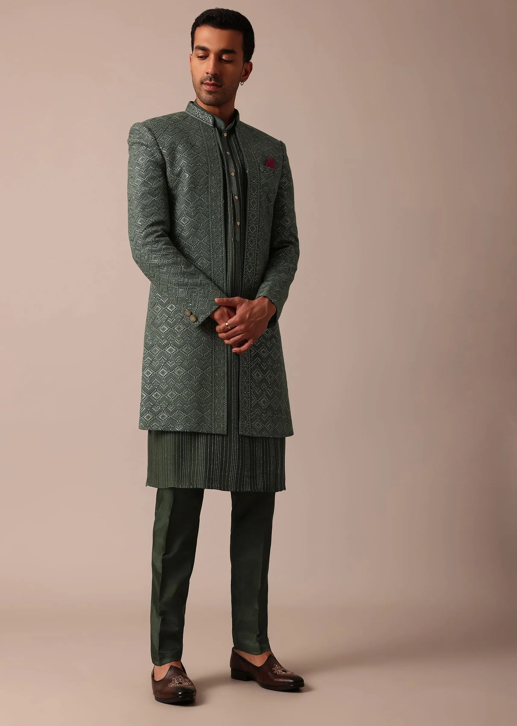 Majestic Green Silk Sherwani Set