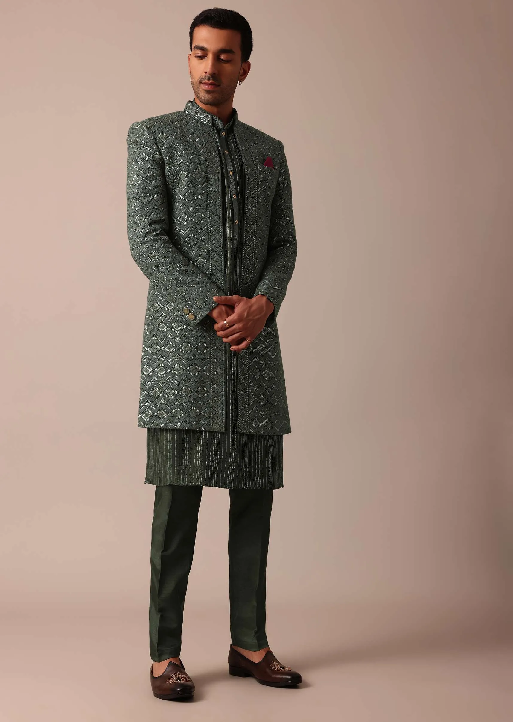 Majestic Green Silk Sherwani Set
