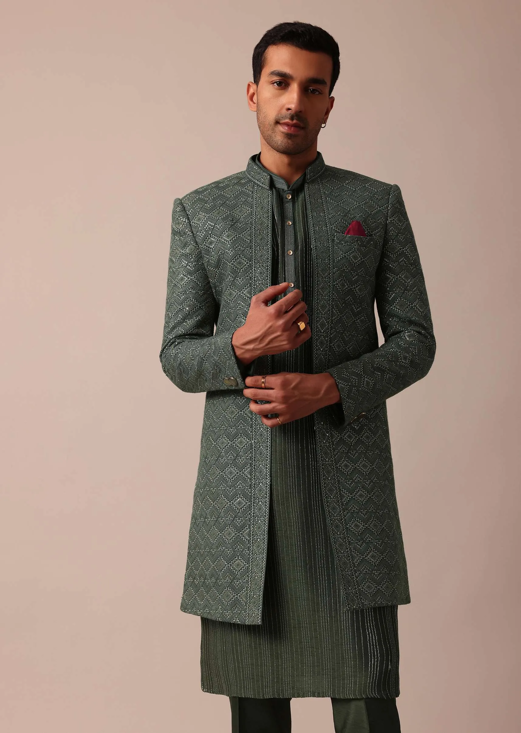 Majestic Green Silk Sherwani Set