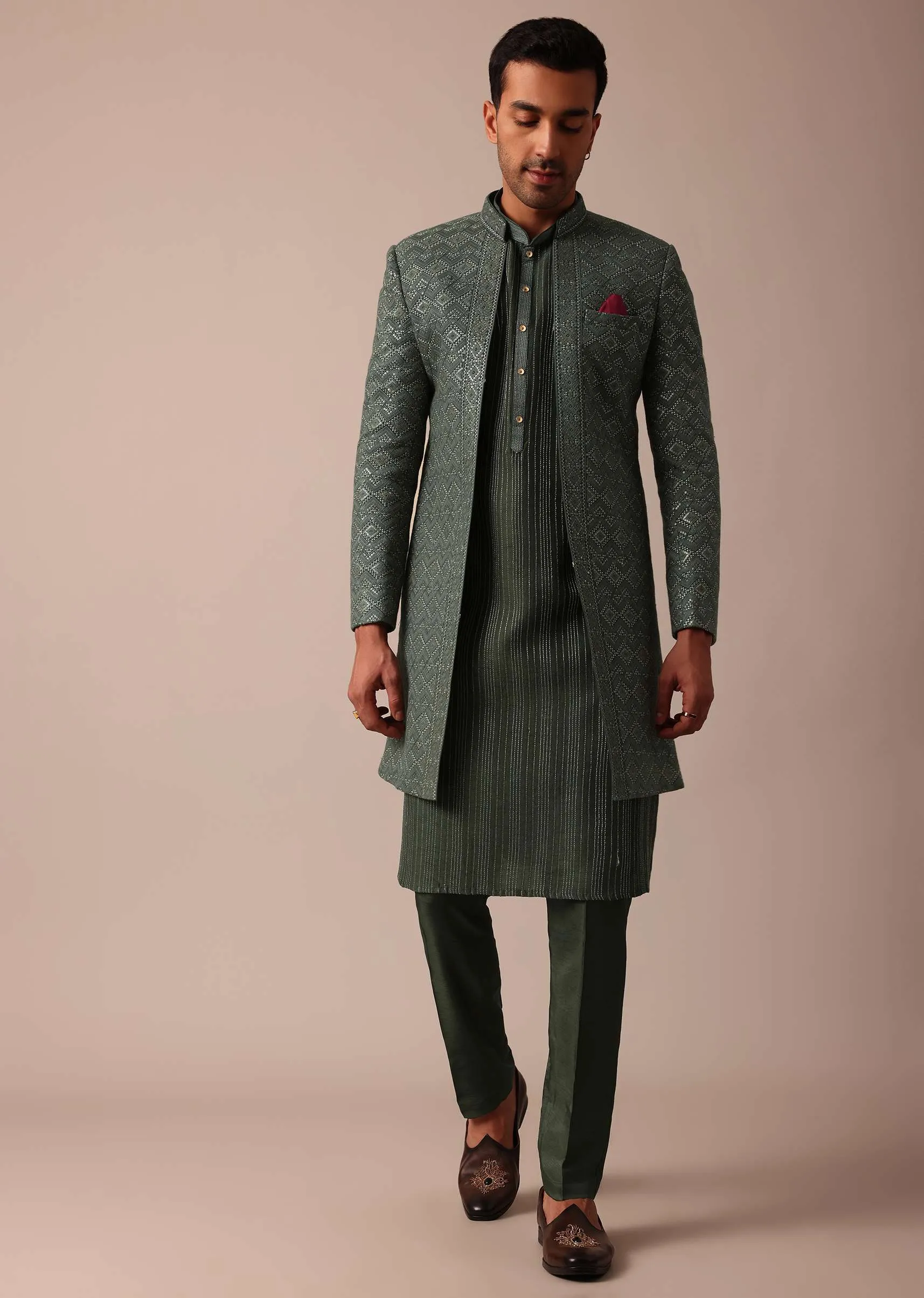 Majestic Green Silk Sherwani Set
