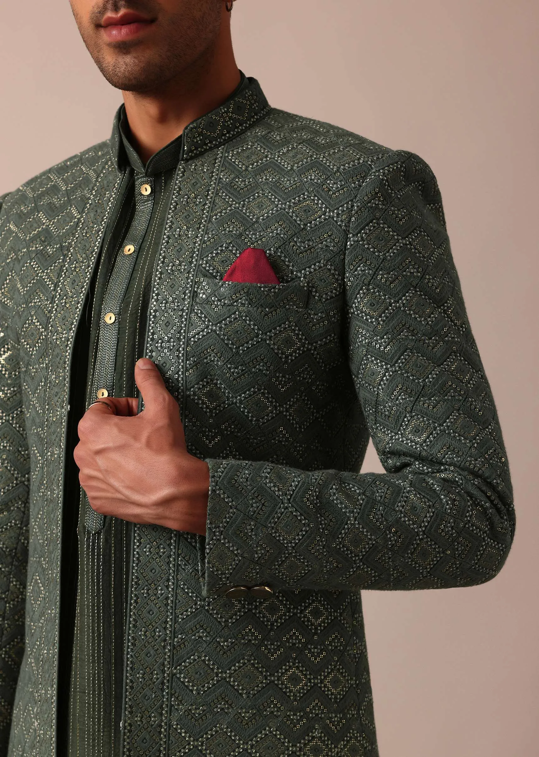 Majestic Green Silk Sherwani Set