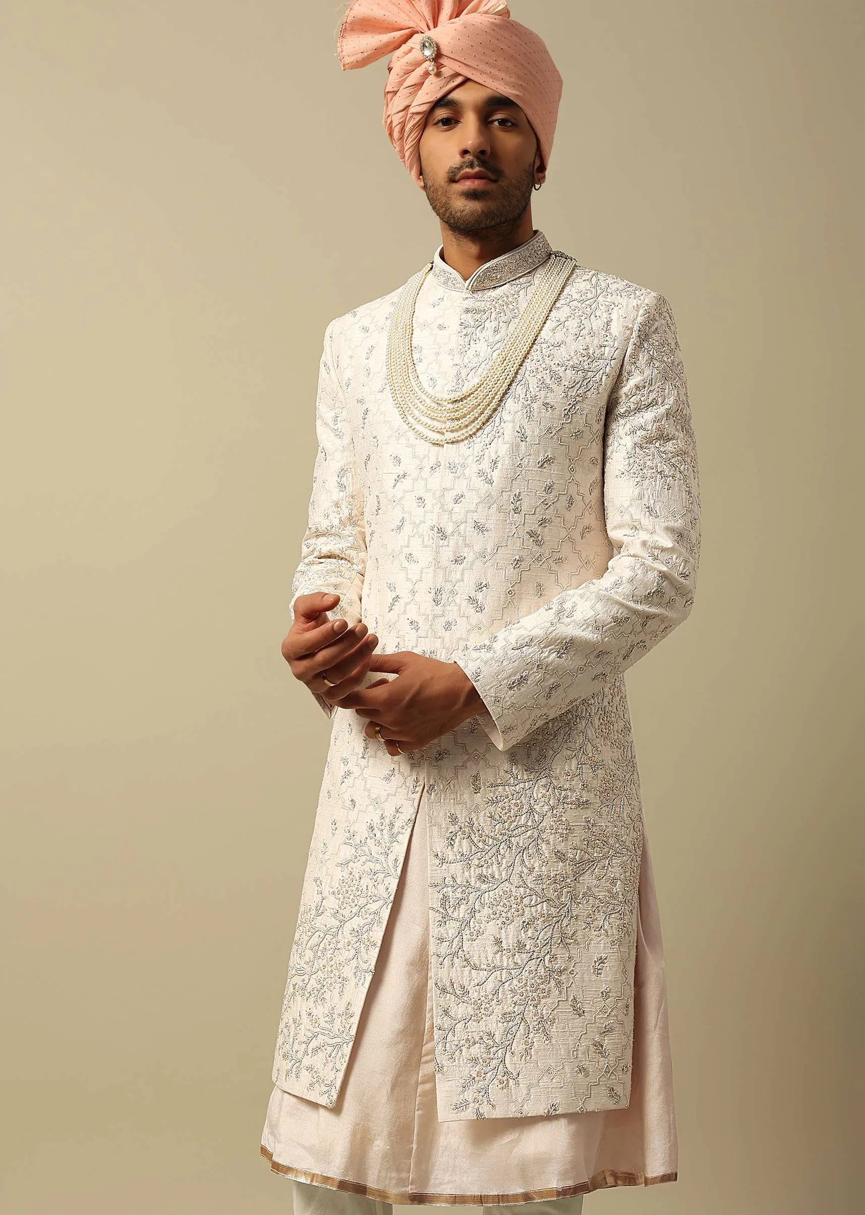 Majestic White Raw Silk Sherwani