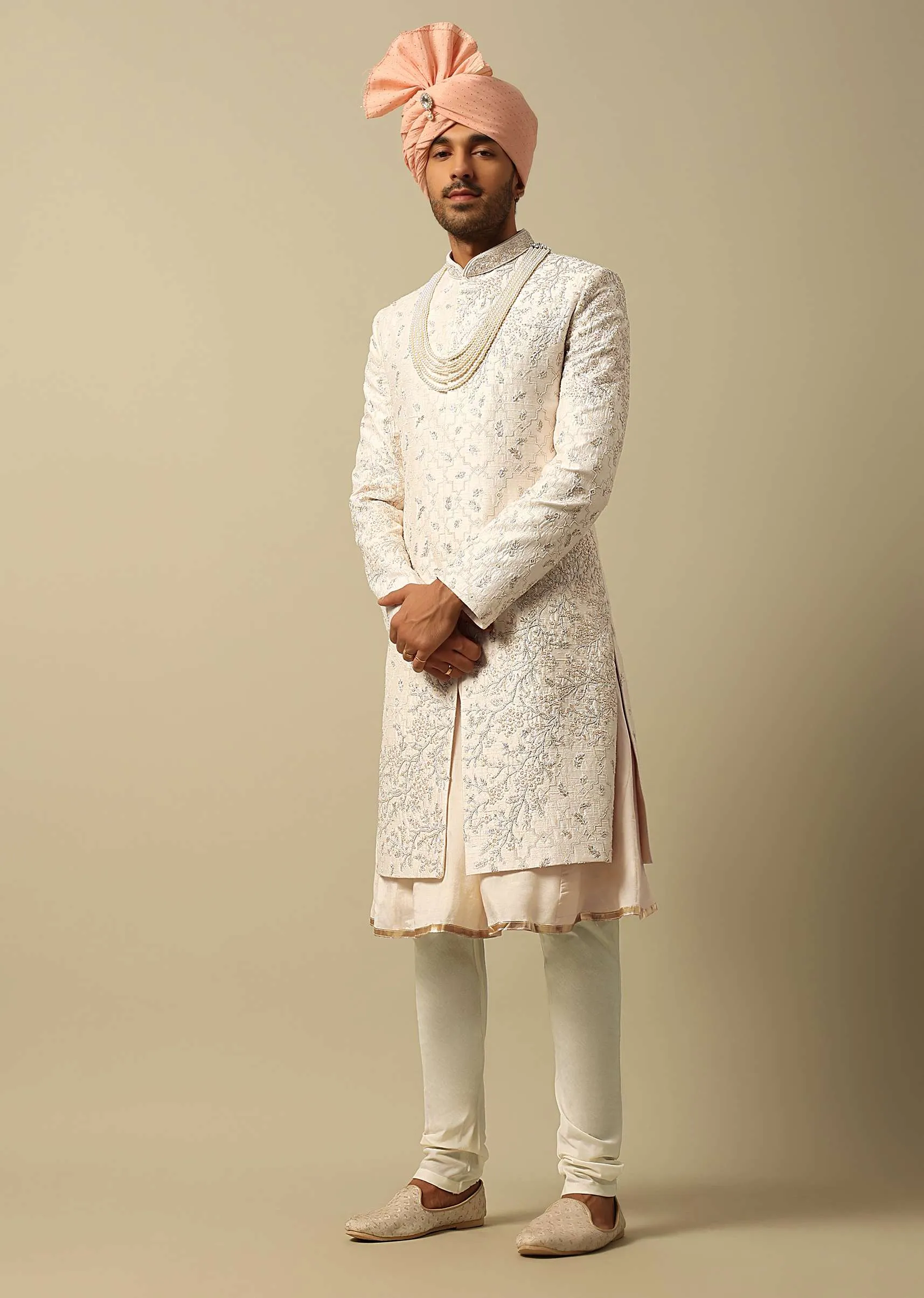 Majestic White Raw Silk Sherwani
