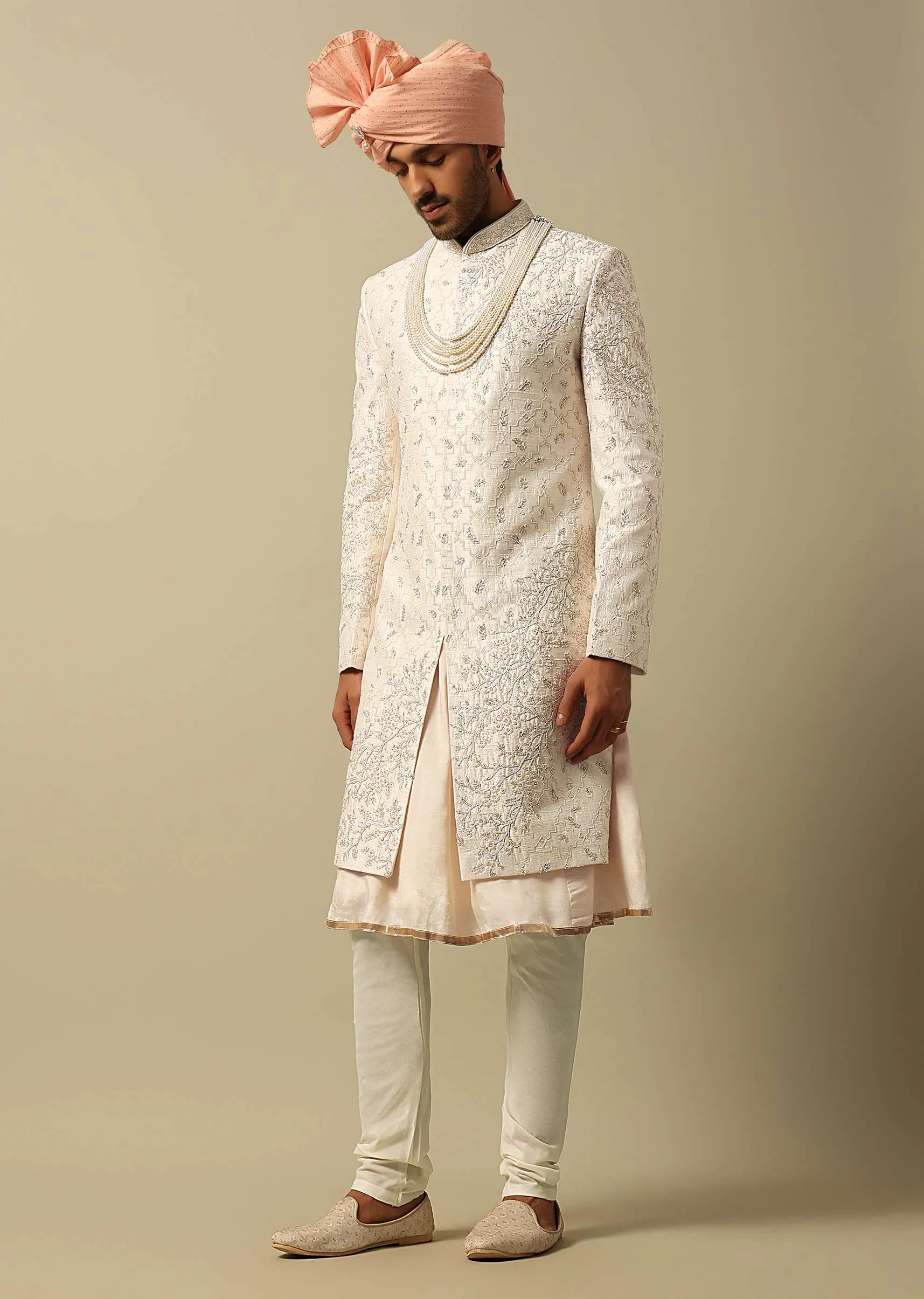 Majestic White Raw Silk Sherwani