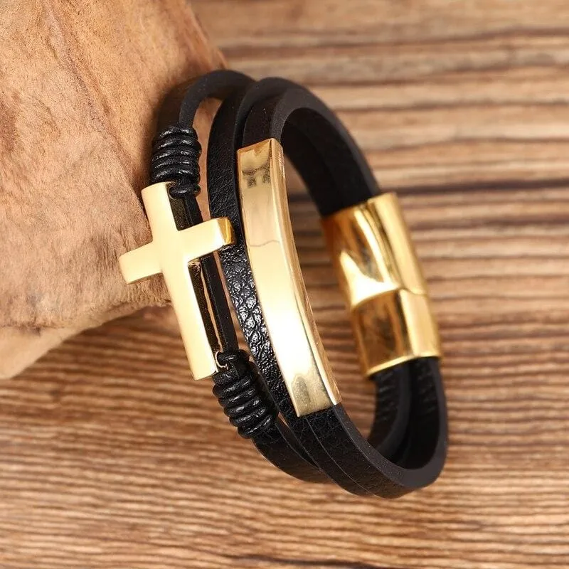 Men's Cross Bracelet <br> Leather Cuff