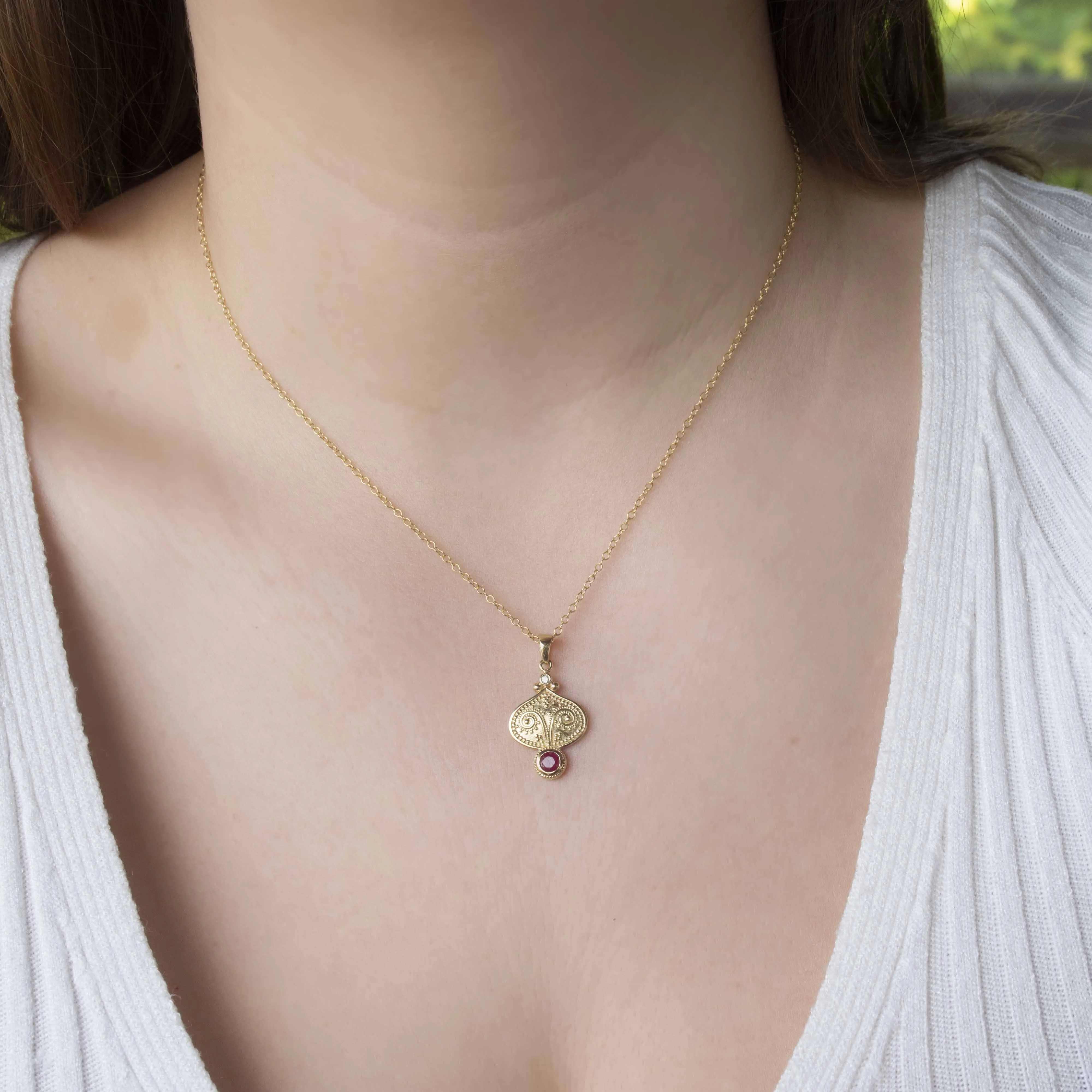 NG4810 Ethnic-Inspired Gold Pendant Necklace with Natural Ruby and Diamond