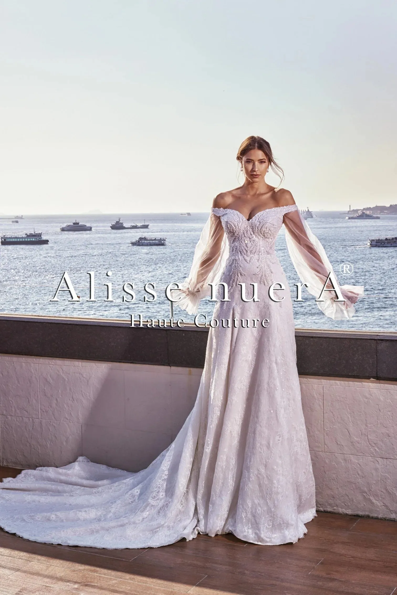 Off Shoulder Sweetheart Tulle Sleeve A Line Bridal Dress