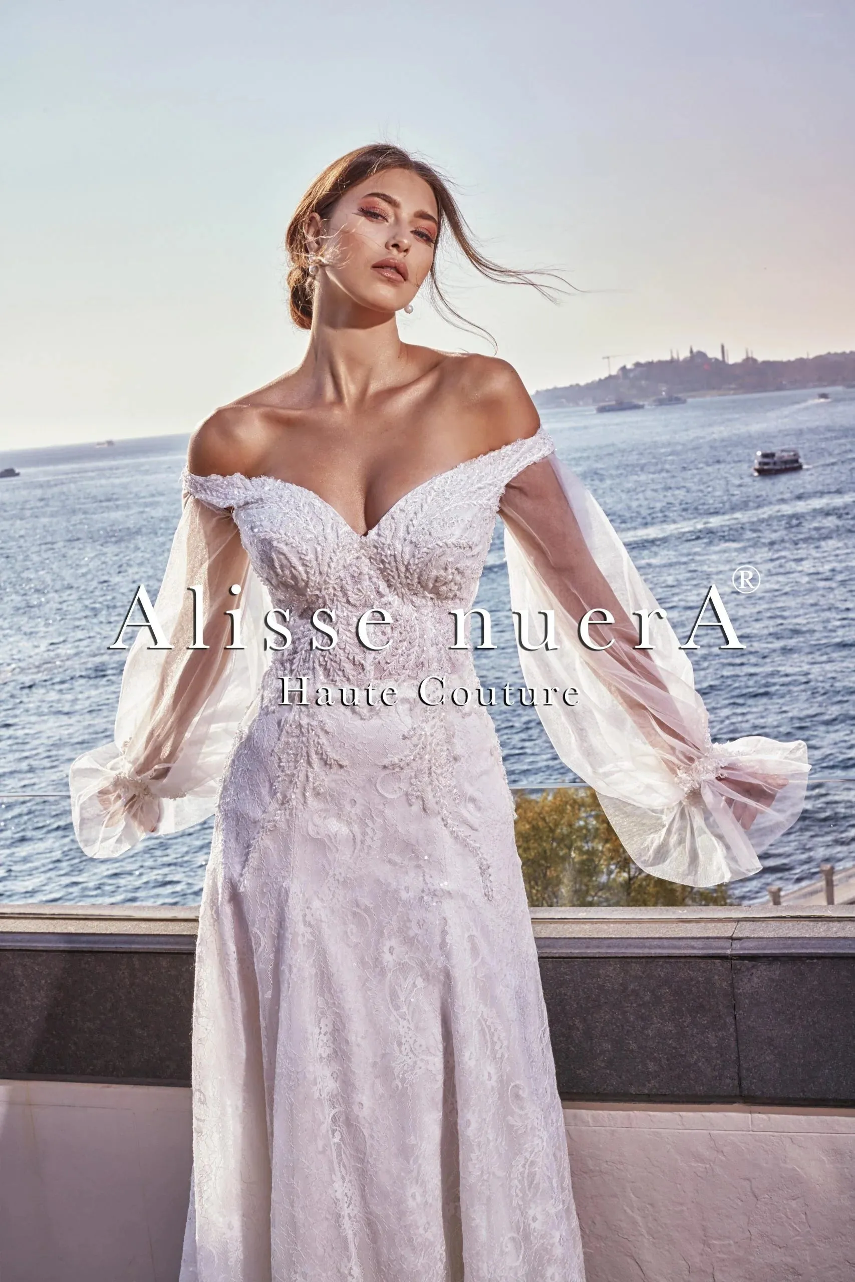 Off Shoulder Sweetheart Tulle Sleeve A Line Bridal Dress