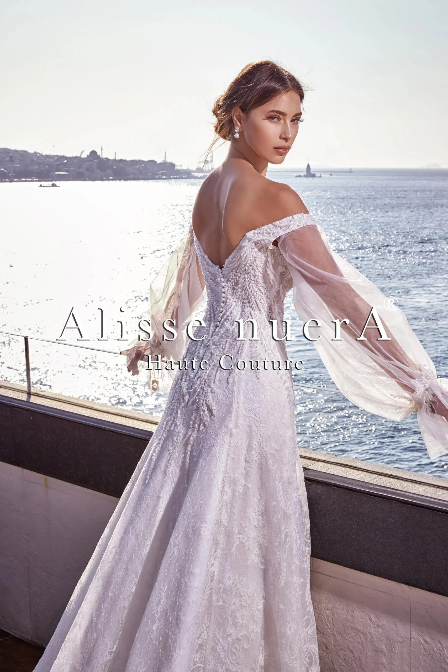 Off Shoulder Sweetheart Tulle Sleeve A Line Bridal Dress