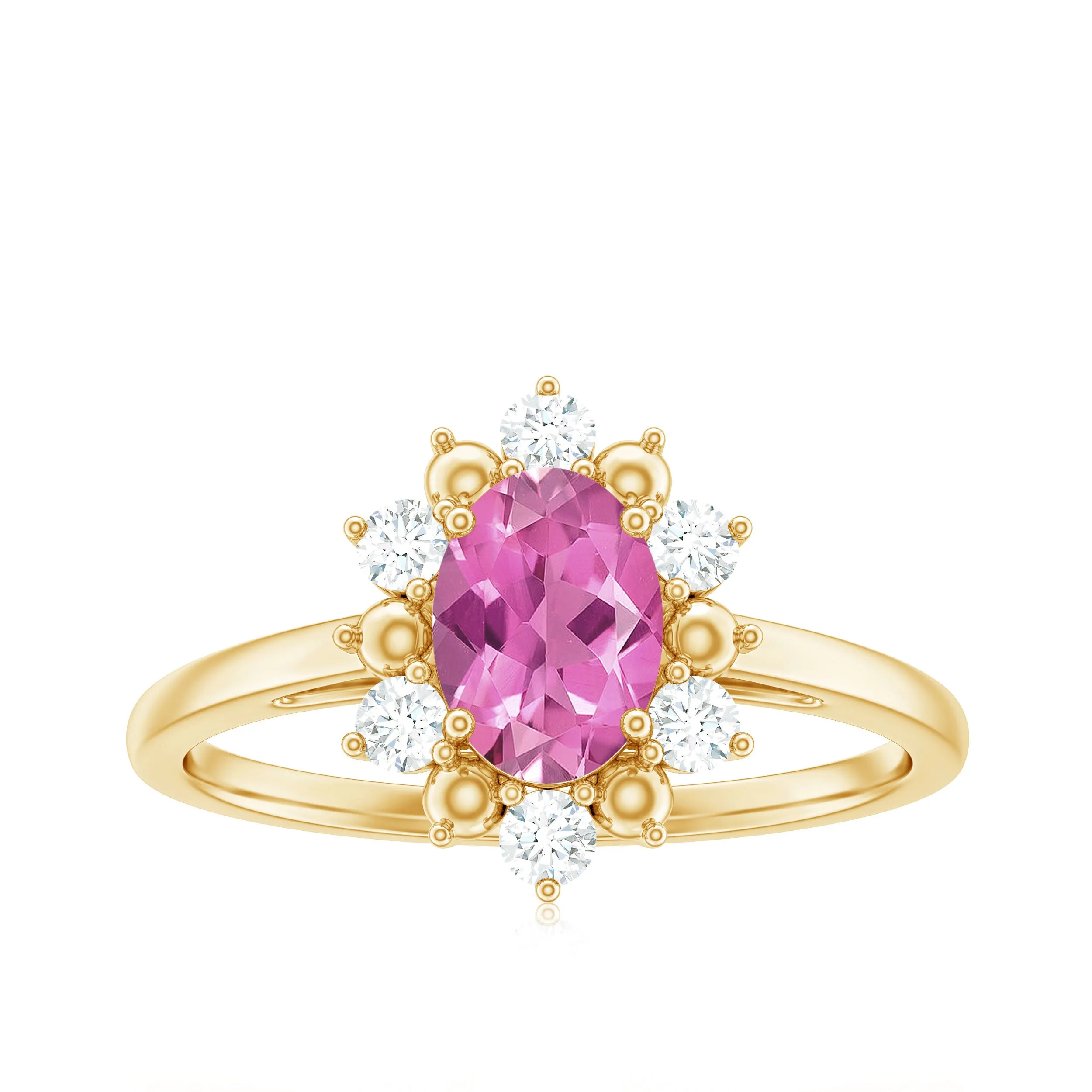 Oval Pink Tourmaline Floral Halo Engagement Ring with Diamond