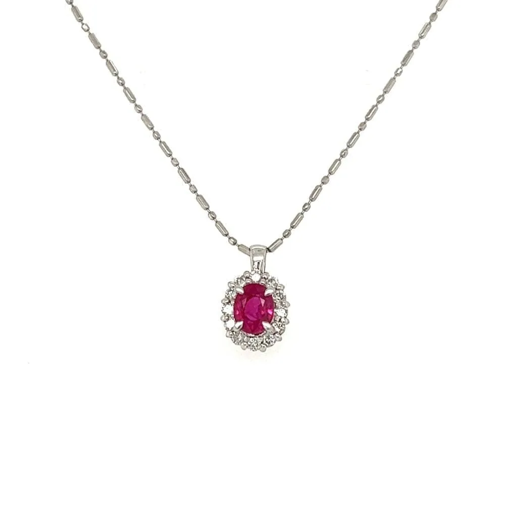 Platinium .61ct Oval Ruby & .40tcw Diamond Halo Necklace 3.0g, 16" at Regard Jewelry in Austin,