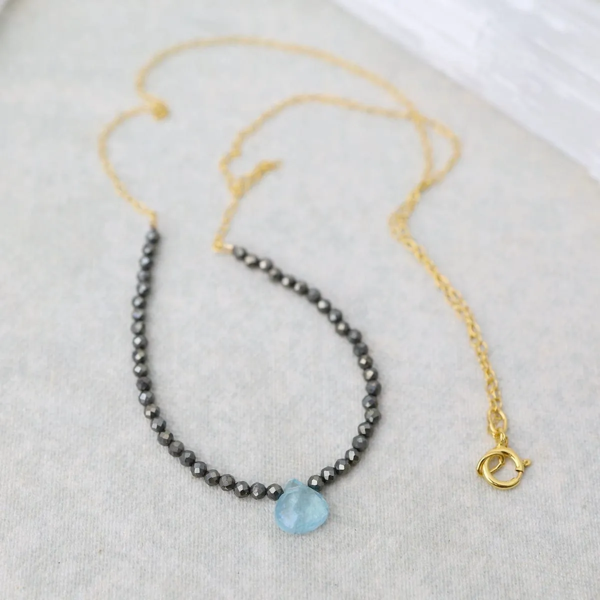 Pyrite Arc & Blue Topaz Briolette Drop Necklace