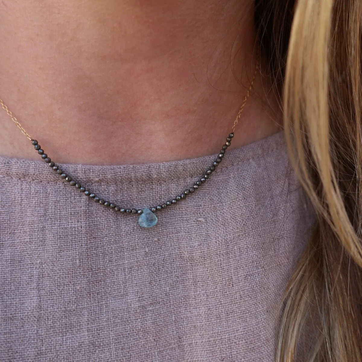 Pyrite Arc & Blue Topaz Briolette Drop Necklace
