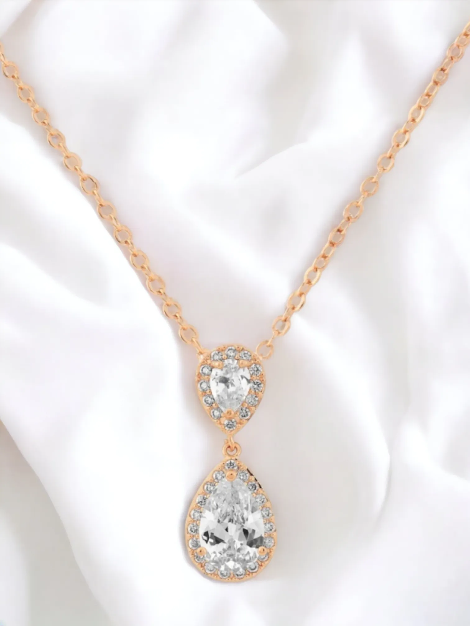 Rose Gold Halo Teardrop Bridal Necklace