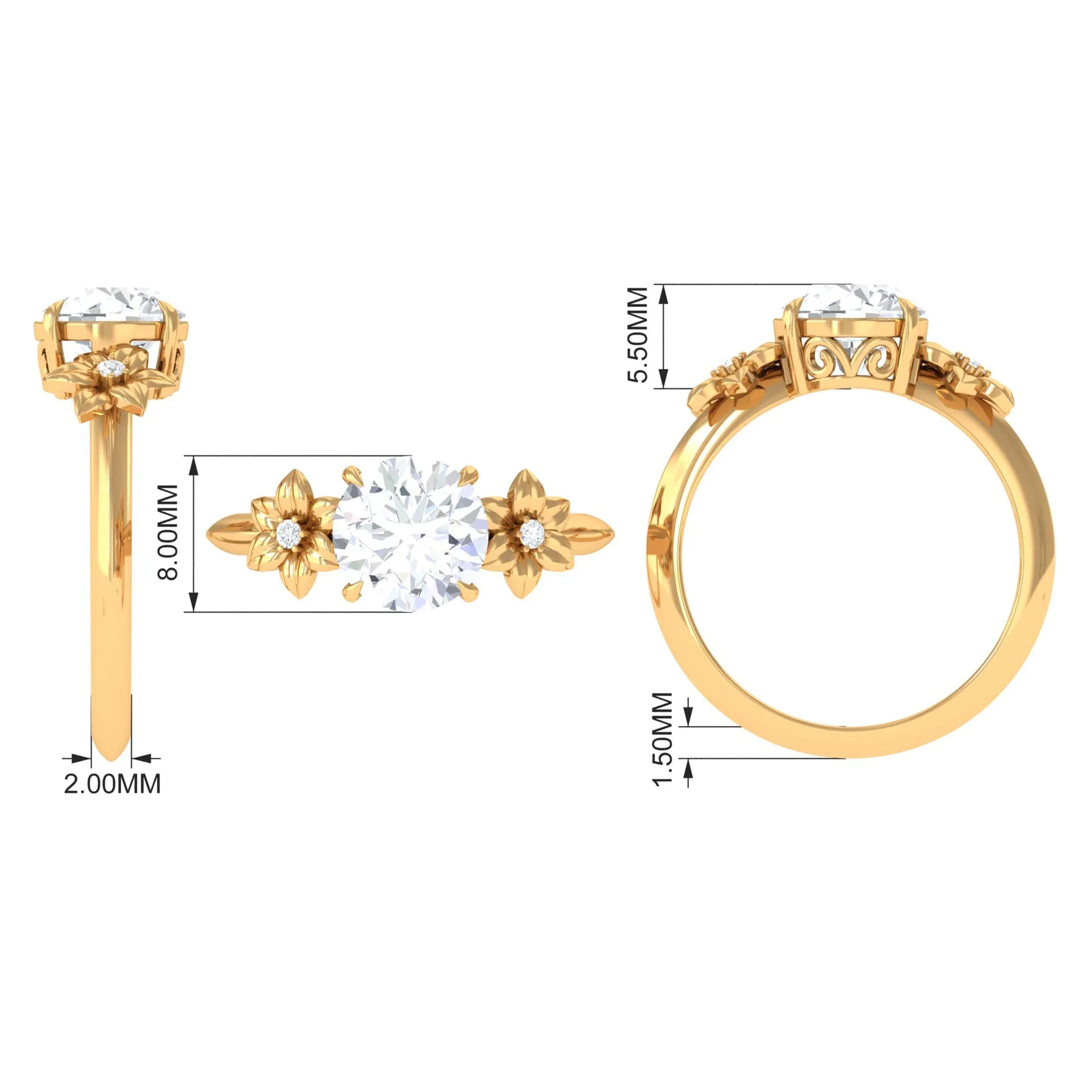 Round Zircon Solitaire Gold Flower Engagement Ring