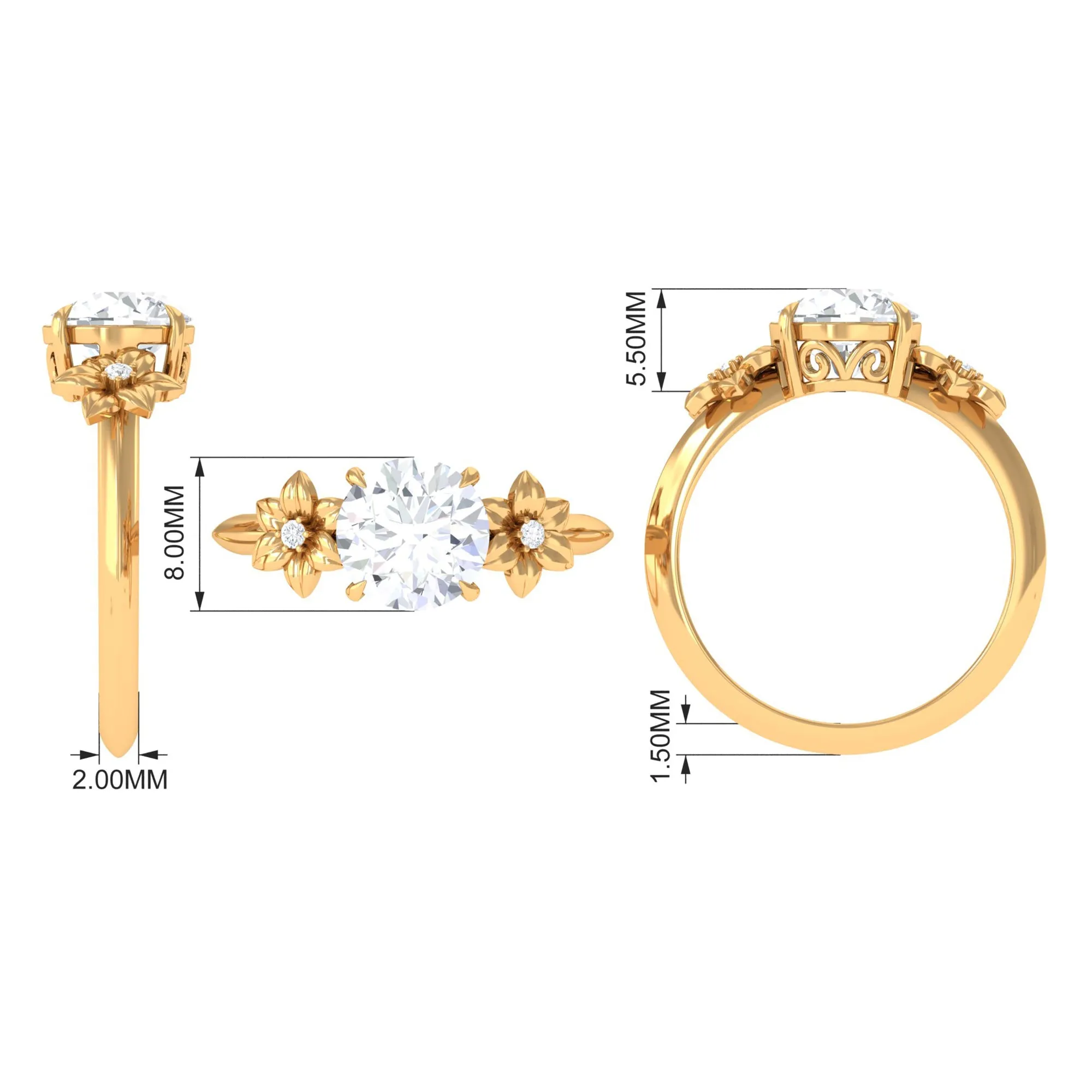 Round Zircon Solitaire Gold Flower Engagement Ring
