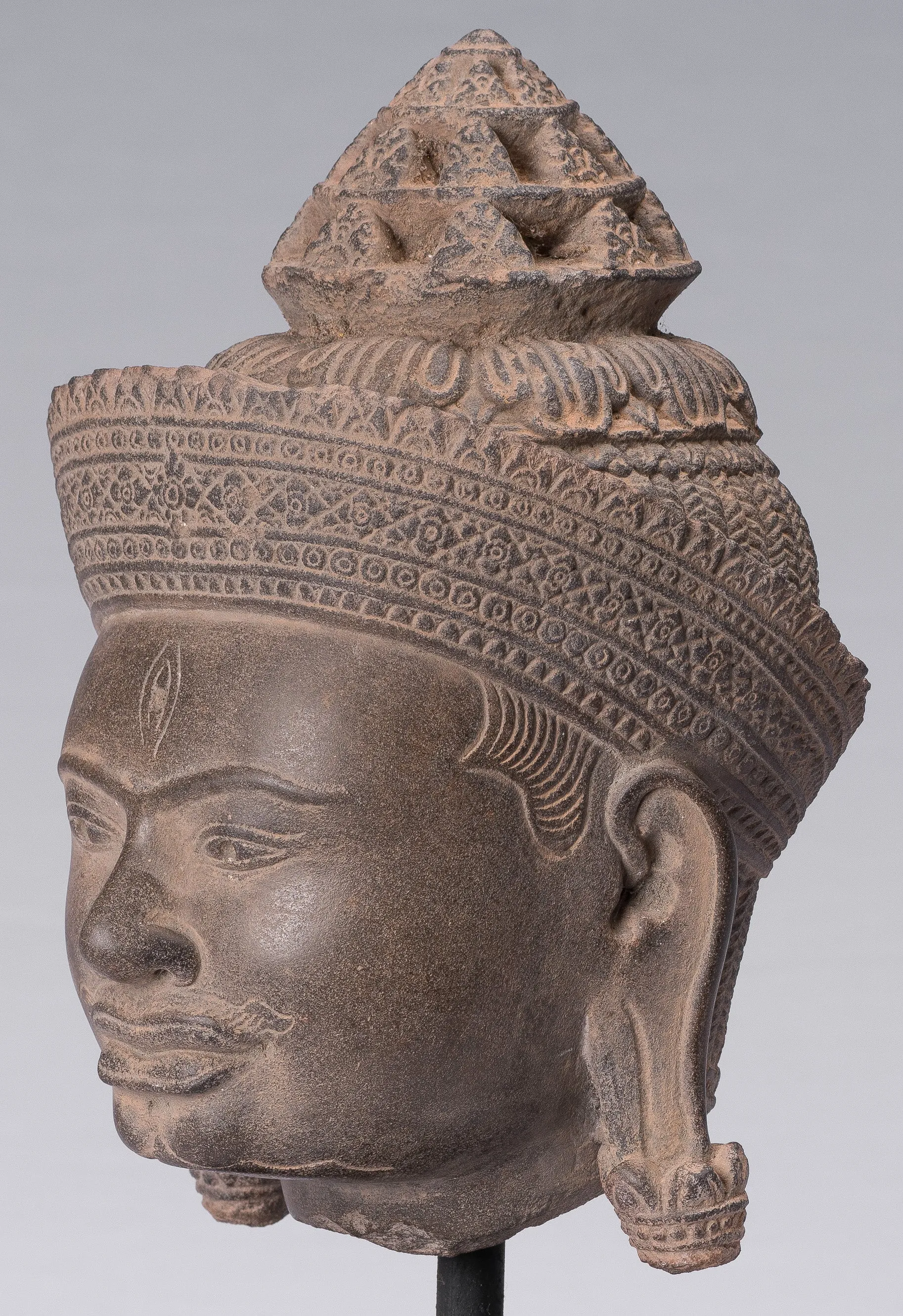 Shiva Statue - Antique Banteay Srei Style Khmer Stone Shiva Statue Head - Destroyer - 31cm/12"